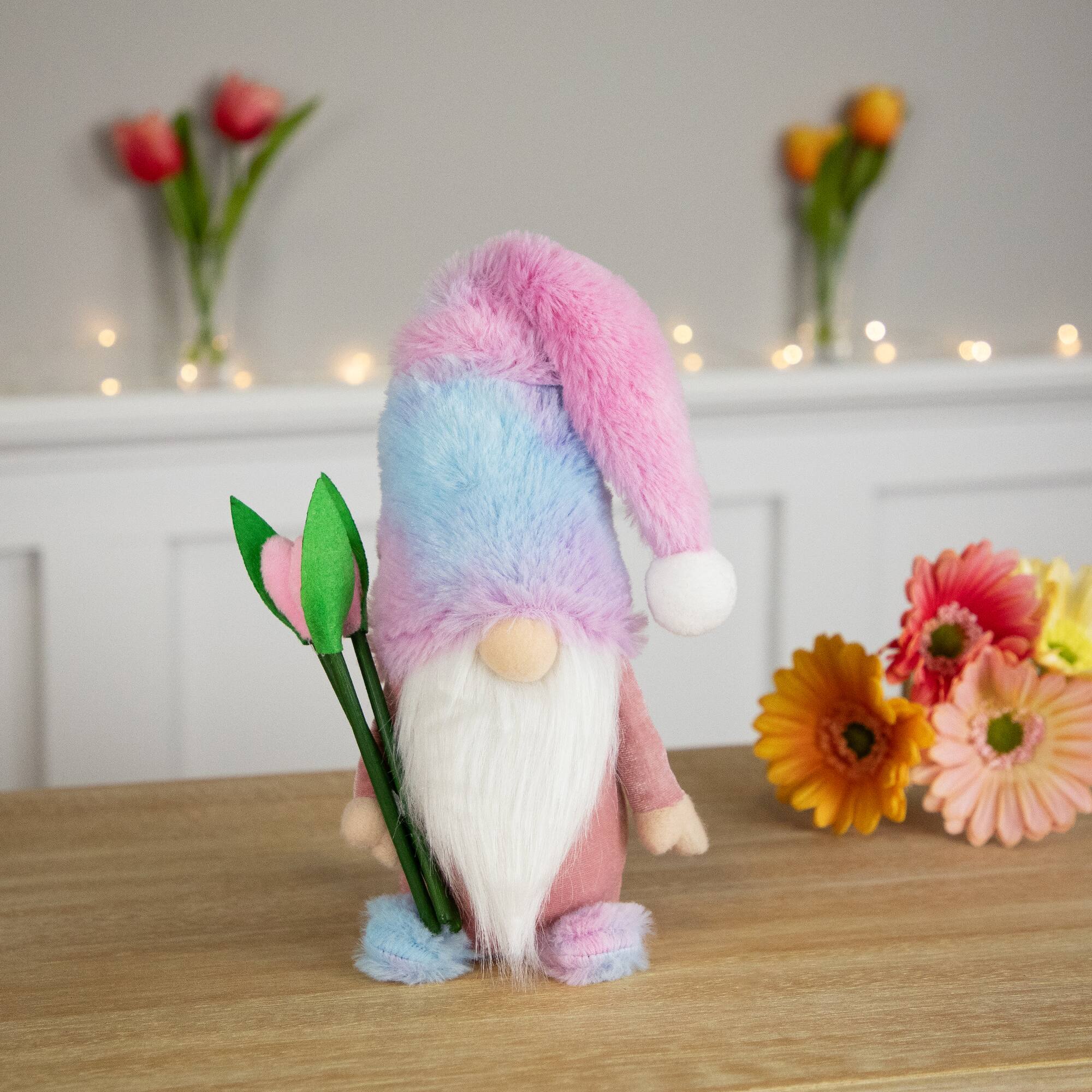 15" Purple & Blue Gnome Boy with Tulips Spring Figurine